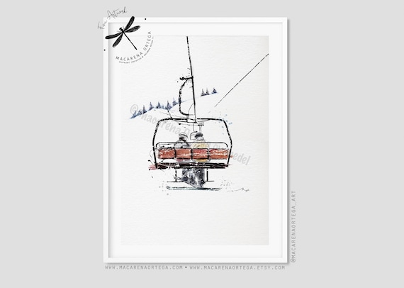 Ski Lift Couple Watercolor Art Print | Two Snowboard Art, Snowboarding & Skiing Decor, Wedding or Anniversary Gift | San Valentine day Gift