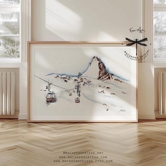 Matterhorn Zermatt Watercolor Art Print | Ski Resort Switzerland & Italy | Alps Chairlift Ski Lift Art | Skiing Decor | Handmade Art | N63