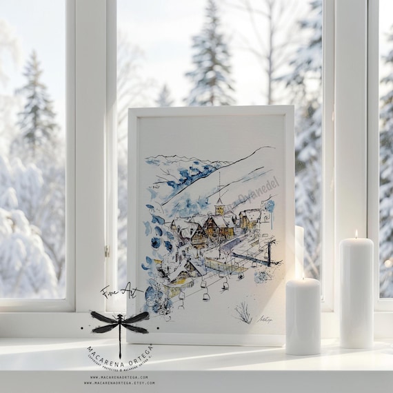 Baqueira Beret Watercolor Art Print | Tanau Ski Center Resort | Val d'Aran Mountain Snowy Town | Pirineos Winter Decor | Ski Artwork | N3