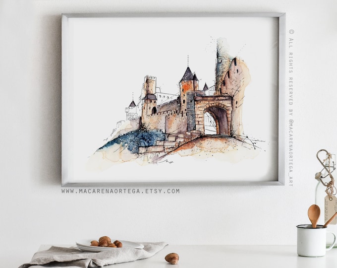 Carcassonne Painting art prints France Sketching watercolor Medieval town Medieval Castle France Print (026)