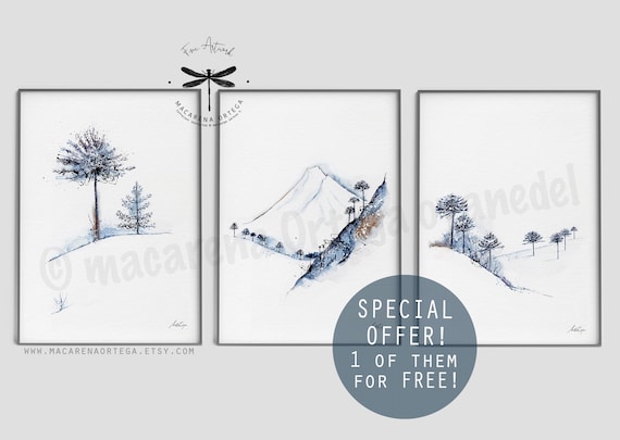 Volcano Art SET of 3 prints 1 of them for free!!  Special Offer Mountain home decor winter decor winter art prints  wall art araucarias set