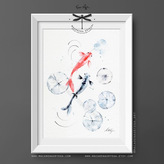 Koi Fish Couple Red and Black, Watercolor Art Print, Water Lilies Art, Japanese Inspired Decor, Minimalist Fish Art, Macarena Ortega | N158
