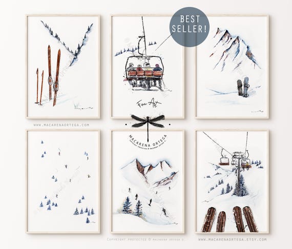 Ski Art Print Set of 6 prints, 2 of them for FREE! Nordic Ski Decor, Mountain Home Decor, Winter Ski Prints for Chalet | By Macarena Ortega