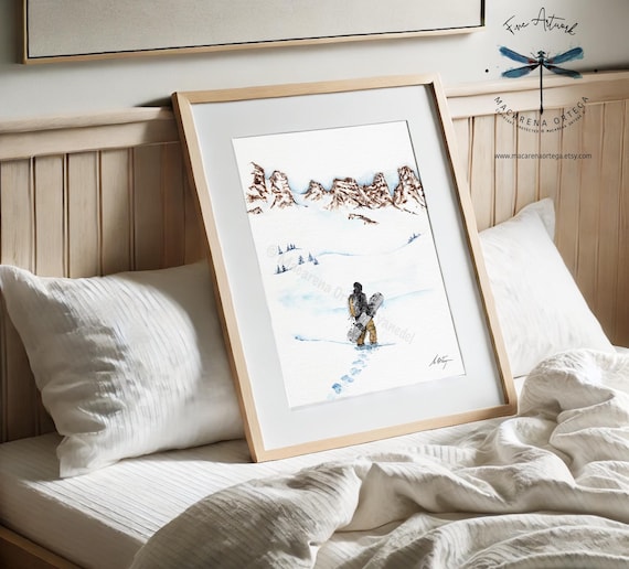 Snowboarder Splitboard Watercolor Art Print | Backcountry Snowboarding, Ski Touring, Winter Mountain, Alpine Wall Art, fresh powder | N151