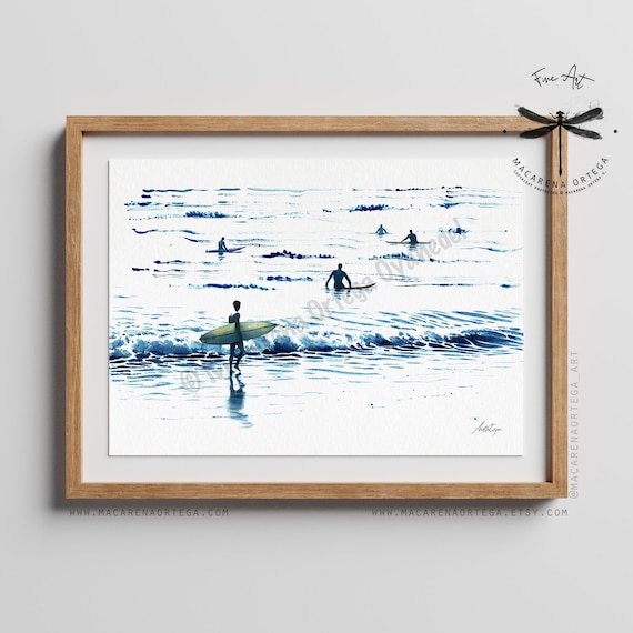 Surfers Waiting for the Wave Watercolor Art Print | Ocean Lovers, Surf Art | People on Beach | Beach Painting | Summer Vibes Prints | N135