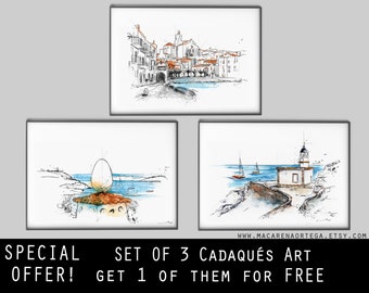 SET von 3 Cadaqués druckt 1 davon kostenlos !! SONDERANGEBOT!! Cadaqués-Gemälde, Dalí-Haus und Leuchtturm von Cadaqués