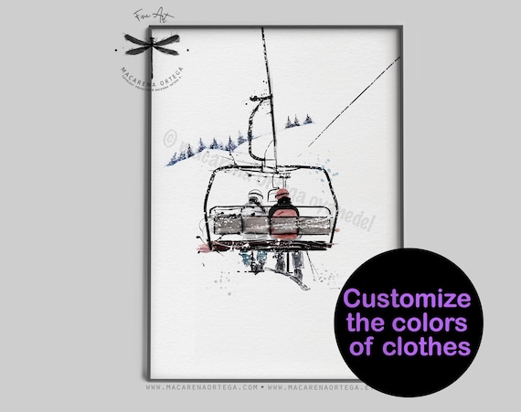Customize Ski Outfits for 2 People – Chairlift Watercolor Art Print | Custom Ski Clothing Colors , Personalized Skiing, Unique Ski Gift