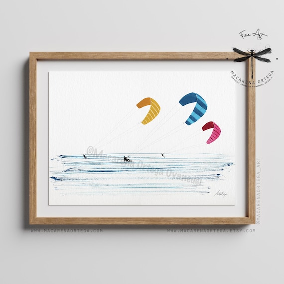 Kitesurf Watercolor Art Print | kitesurfing Artwork, Kite Surfing, Wall Art, Water Sports Art, Summer vibes | Macarena Ortega | N120