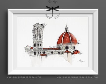 Florence Cathedral, Watercolor Giclée Print, Florence Duomo, Santa Maria del Fiore, Italy Architecture Wall Art | N23