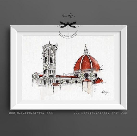 Florence Cathedral Watercolor Art Print | Firenze Duomo, Cattedrale di Santa Maria del Fiore, Italy | Architectural, Travel Art | N23