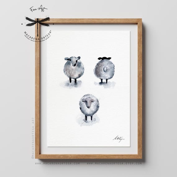Three Sheep Woolly Friends Watercolor Art Print | Minimalist Farm Animal Nordic Kitchen Decor, Rustic Mountain Home Style, xmas gift | N164