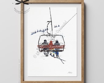 Family of 3 People in Chairlift Watercolor Art Print | Skilift Skier, Ski Lift Art, gift for Ski Lovers, Snowboarder Sport Skiing Ski Resort