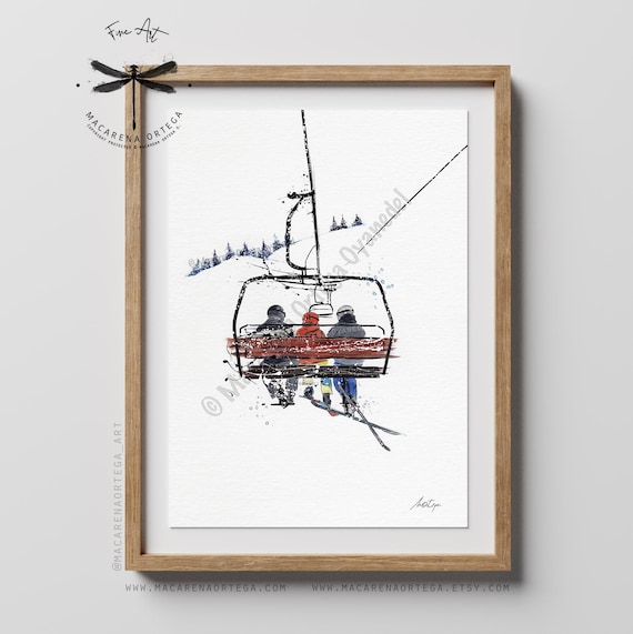 Family of 3 People in Chairlift Watercolor Art Print | Skilift Skier, Ski Lift Art, gift for Ski Lovers, Snowboarder Sport Skiing Ski Resort