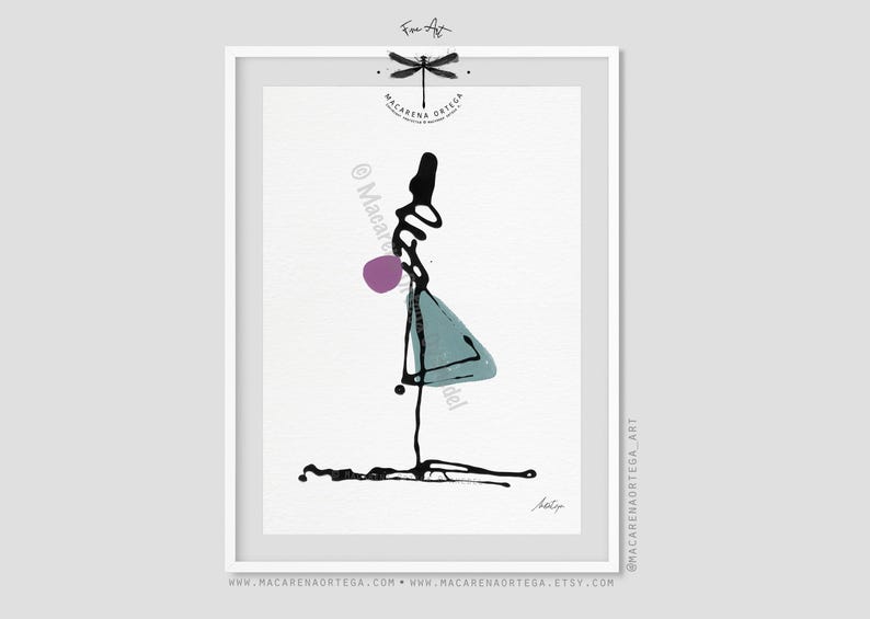 May include: Abstract art print in a white frame. The artwork features a black, teal, and purple figure on a white background. The artist's signature is at the bottom. The print includes the text "Macarena Ortega" and website addresses.