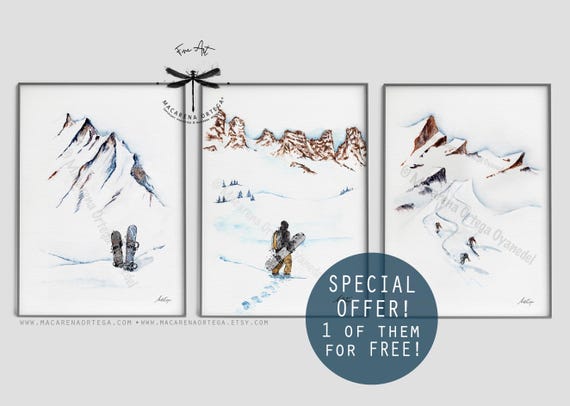 Skiing Watercolor Fine Art Prints Set of 3, 1 of them for Free! Friends in Chairlift, Snowboard & Skiers | Mountain Home Winter Decor