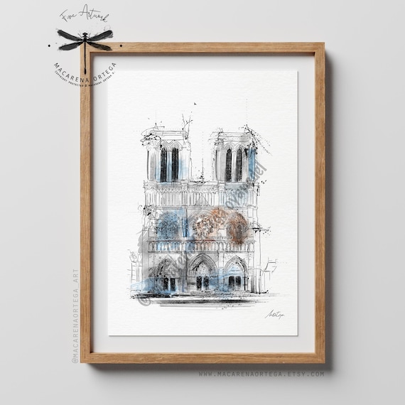 Notre Dame Cathedral Watercolor Art Print | Paris Sketch, European Church Illustration, France City Poster | by Macarena Ortega | N182