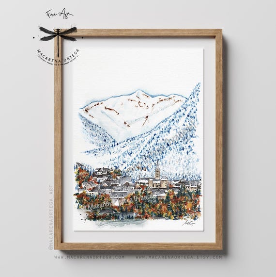 Arties Watercolor Art Print | Valle de Aran Pyrenees, Mountain Town Painting, Ski Center Spain Winter Village Pirineos Print | Ski Art | N85