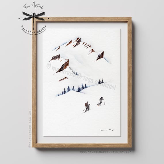 Skimo Watercolor Art Print | Ski Mountain Art | Splitboard Skiers | Mountaineer Adventure | Snow Hike Powder Sport | Macarena Ortega | N35