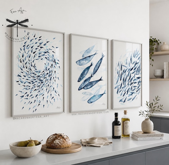 School of Fish Collection, Set of 3 Art Prints, 1 Print FREE, School of Sardines, Coastal Wall Art, Minimalist Nordic Artwork