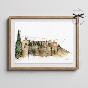 Alhambra Aquarell Zeichnung von MacArena Ortega | Grenada Andalusien Palast Kunstdrucke | Spanien Architektur Dekor | Moderne Kunst Farbe | N11