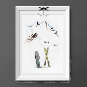 Akwarela: Snowboard i narty | Obraz: Narciarz i snowboardzista | Sztuka ścienna: Miłośnicy nart | Dekoracja artystyczna: Sporty zimowe | Alpy | N8