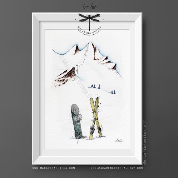 Snowboard and Skis Watercolor Art Print | Skiing Snowboarder and Skier Painting | Ski Lovers Wall Art | Winter Sport Art Decor | Alps | N8