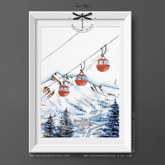 Red Góndola Lift Print, Vintage Old Cabin Watercolor Art | Nostalgic Retro Ski Norquay Canada | Ski Lift, Cabin Art | Macarena Ortega | N149