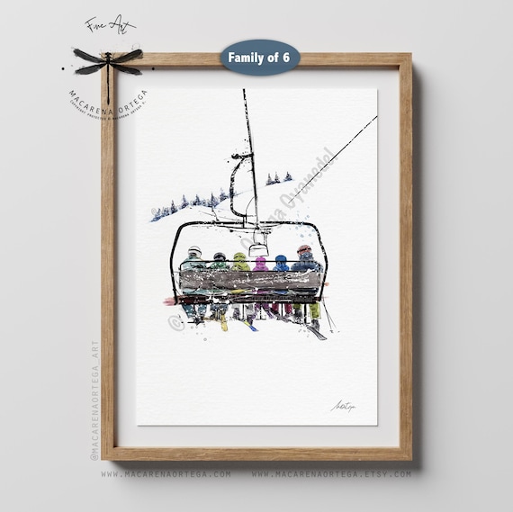 Six people on a Chairlift Watercolor Art Print Handmade | Ski Resort Skiing Illustration | Winter Sports Artwork | Après-Ski Dec |N127