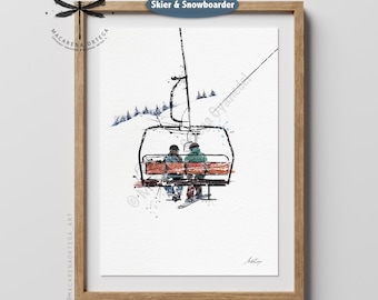 Esquiador y snowboarder en telesilla. Lámina artística en acuarela hecha a mano / Ilustración de esquí en estación de esquí / Obra de arte de deportes de invierno / Après-Ski Dec / N