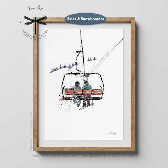 Skier & Snowboarder in Chairlift Watercolor Art Print Handmade | Ski Resort Skiing Illustration | Winter Sports Artwork | Après-Ski Dec