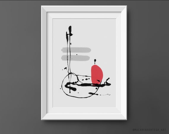 N184 | Abstract inks Art Print | Minimalist Painting, Red & Gray Surrealism, Modern Wall Art | Abstract Print by Macarena Ortega