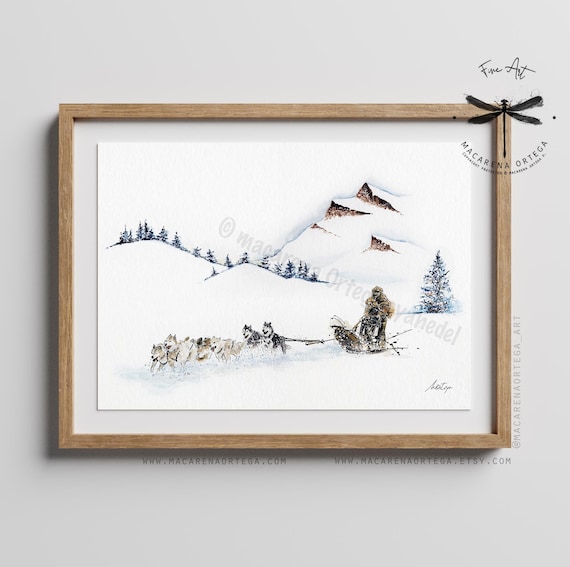 Dog Sled Watercolor Art Print | Sled Painting | Husky Dogs Skiing | Outdoor Winter Sport | Snowy Landscape Decor | Handmade Art Print | N100