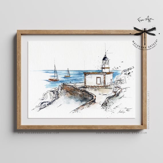 Cadaqués Lighthouse Watercolor Art Print | Costa Brava, Dalí, Figueres Illustration Spain Watercolor Art| Artwork By Macarena Ortega | N51