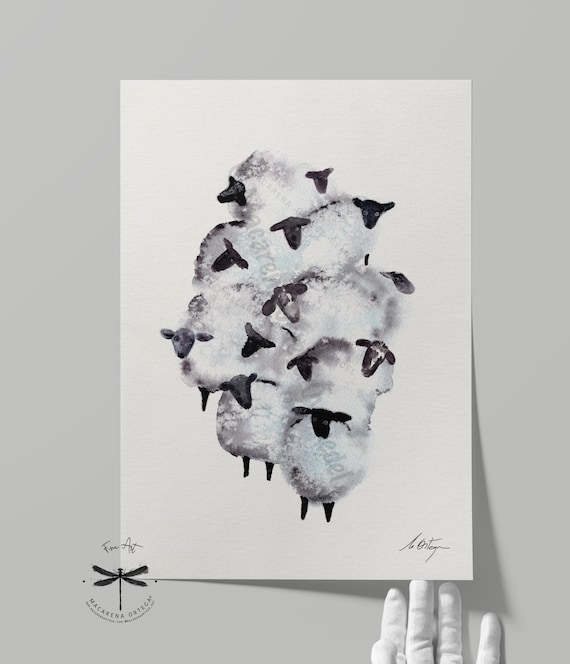 Cloud of Sheep Watercolor Art Print | Minimalist Farm Animal Nordic Country Decor, Rustic Alpine Home Style | Nursery Art, xmas gift | N165