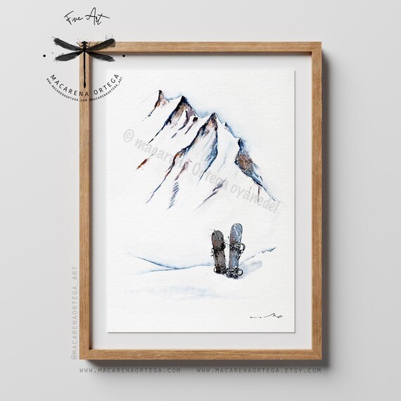 Snowboard & Mountain Watercolor Art Print | Snowboarder Skier Painting | Skiing Art Snow Sport | Gift for Skier Lovers, Skiing Prints | N48