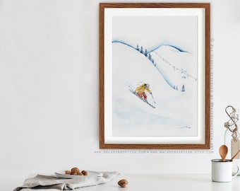 Telemark Skier POW watercolor (N53) Powder freeride poster ski lovers skis print Sport watercolor Snowy painting skiing art print (53)