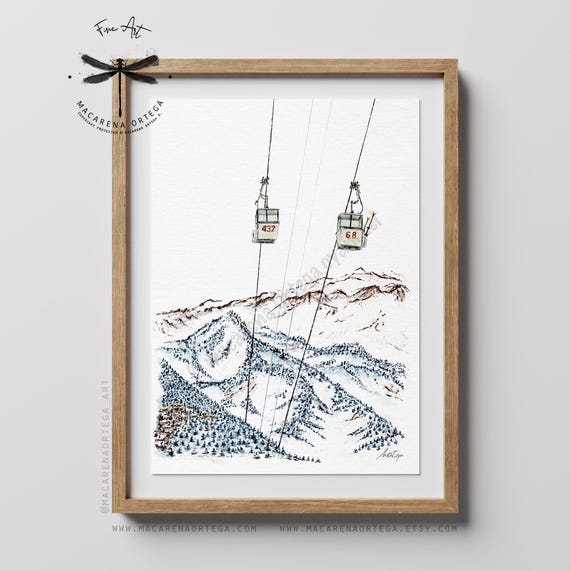 Verbier Old Góndola lift Print, Vintage Cabin Watercolor Art | Nostalgic Retro Ski Switzerland | Alps Ski Lift | Macarena Ortega | N143