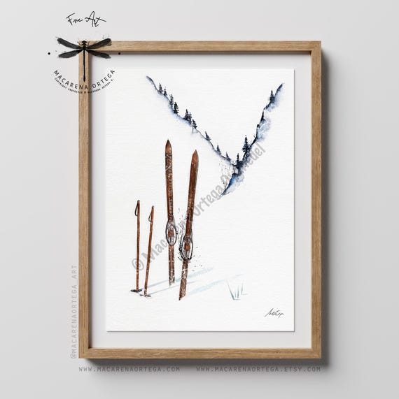 Wooden Skis Vintage Watercolor Art Print | Ski Art | Skiing Sport, Fine Art Giclée print | Apreski Art Decor | Art by Macarena Ortega | N14