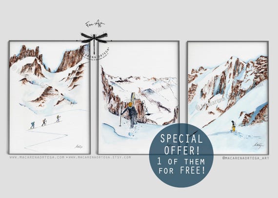 Backcountry Collection, Set of 3 Watercolor Art Prints, Freeride Ski & Splitboard Wall Art, by Macarena Ortega