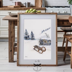 Old Sled Watercolor Art Print | Wooden Sled Vintage | Art Ski Painting | Snowy Landscape Outdoor | Sport Skier |  by Macarena Ortega |  N43