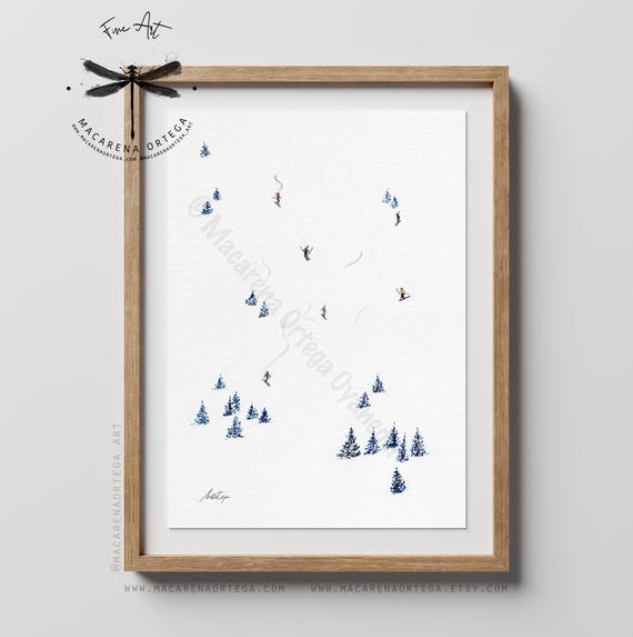 Tiny Skiers and Snowboarders Aerial View Watercolor Art Print | Ski Lovers Decor | Sport Painting | Winter Skiing by | Macarena Ortega | N76
