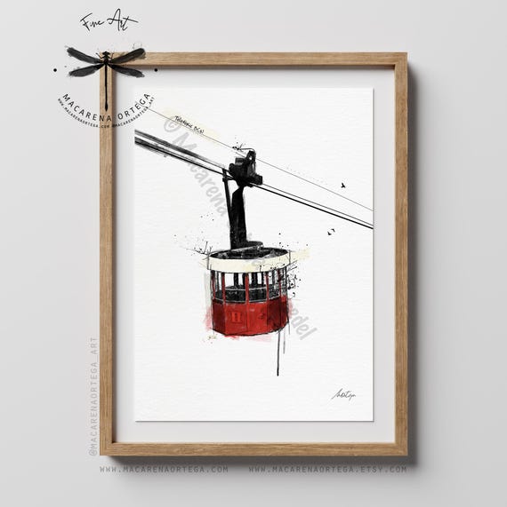 Barcelona Cable Car Art Print | Teleférico Illustration, Spain Cityscape Painting | Modern Travel Poster, European Urban Decor | N81