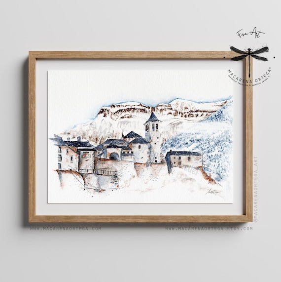 Torla - Ordesa Watercolor Art Print | Medieval Mountain Town, Spain, Pyrenees Sketch, National Park Poster | Artwork Macarena Ortega | N54