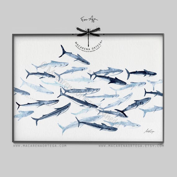 Sharks, Watercolor Art Print, School of Sharks, Coastal Wall Art, Nautical Decor, Sea Life, by Macarena Ortega | N138