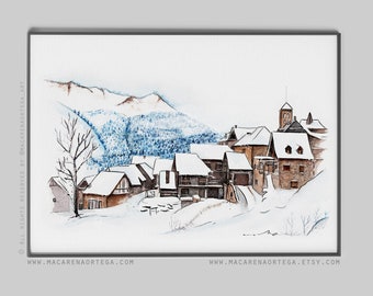Vilamós, Val d'Aran Aquarelle montagne de la Vallée d'Aran Naut Aran Impression d'art de la ville Espagne Centre de ski Pirineos Village d'hiver (113)