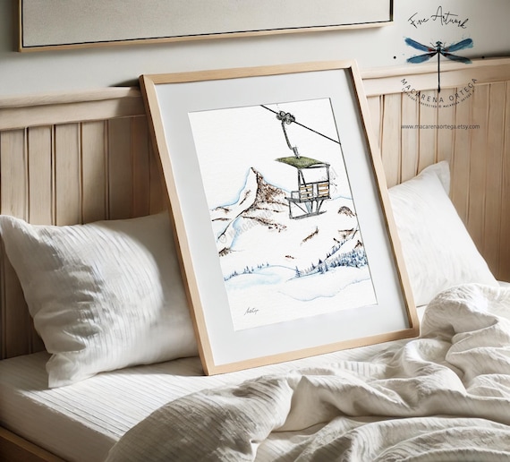 Sunnegga Chairlift Watercolor | Historic Ski Lift Illustration | Retro Swiss Alps Wall Decor | Alpine Ski Art | by Macarena Ortega | N140