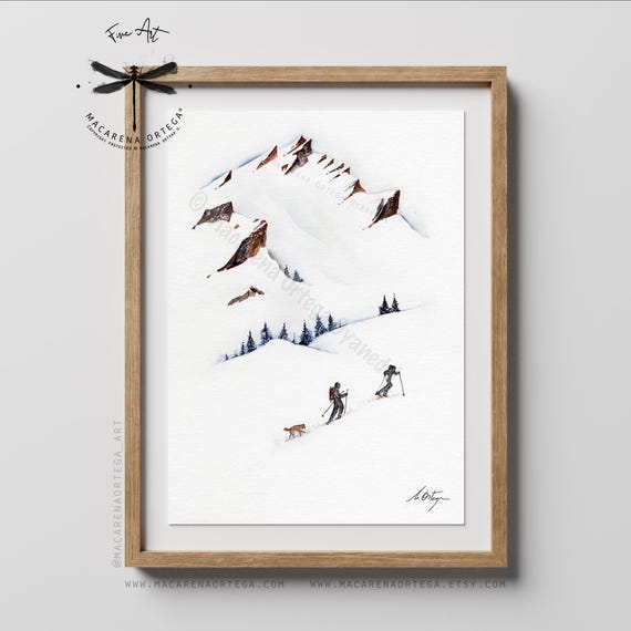 Skimo and dog Watercolor Art Print | Ski Mountain Art | Splitboard Skiers | Mountaineer Adventure | Snow Hike Powder Sport | Macarena | N35