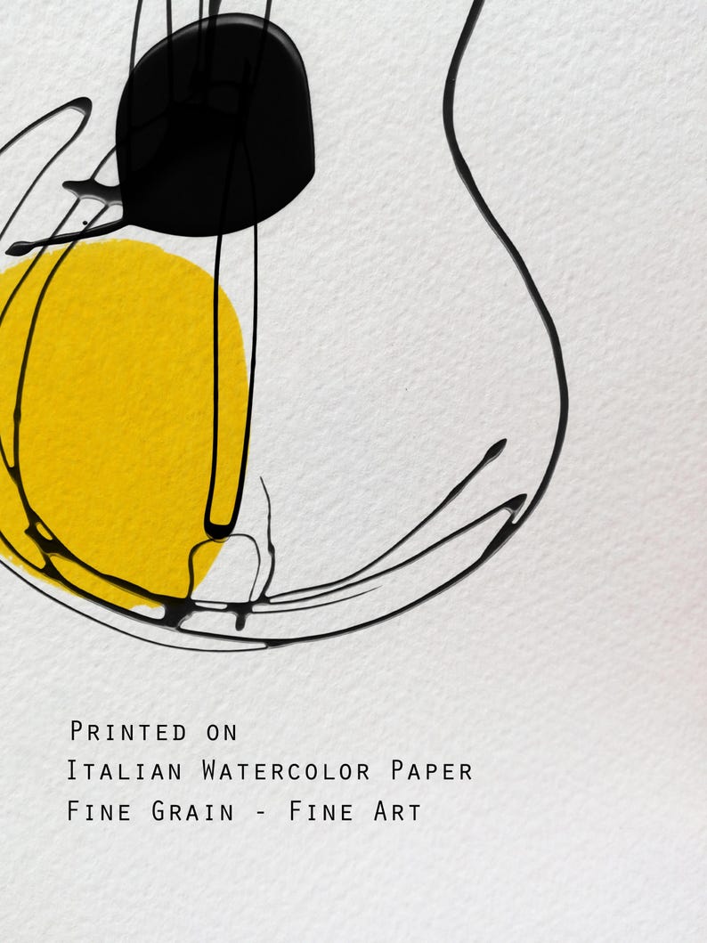 K&ouml;nnte beinhalten: Abstrakter Kunstdruck mit einem gelben Kreis und schwarzen Linien auf wei&szlig;em Hintergrund. Das Kunstwerk enth&auml;lt den Text "PRINTED ON ITALIAN WATERCOLOR PAPER FINE GRAIN - FINE ART".