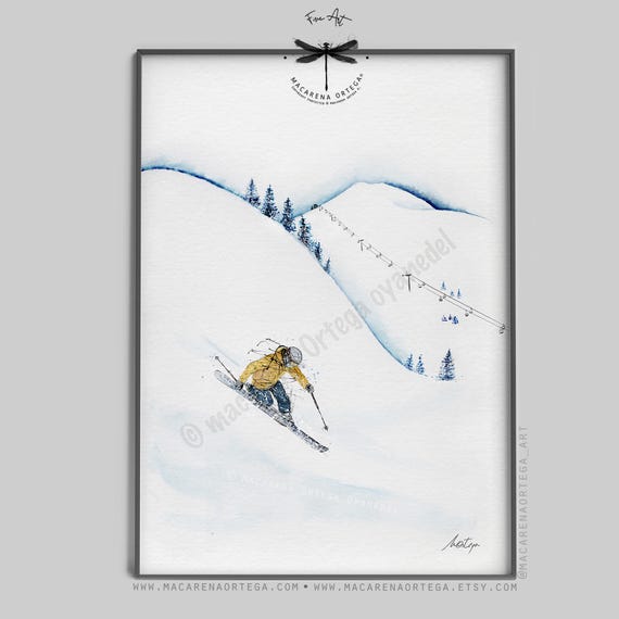 Telemark Skier Carving in Powder Snow | Watercolor Art Print | Freeride Skiing Poster | Snowy Mountain Art for Ski Lovers | N53