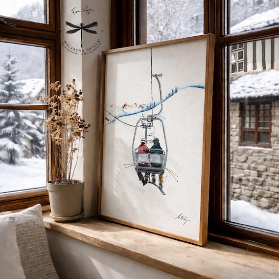 Couple in Vintage Chairlift Watercolor Art Print | Baqueira Beret Ski Resort, Cap de Port, Chairlift Bonaigua Ski Art, Ski Lovers | N205
